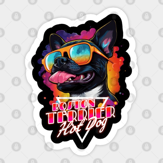 Retro Wave Boston Terrier Hot Dog Shirt Sticker by Miami Neon Designs